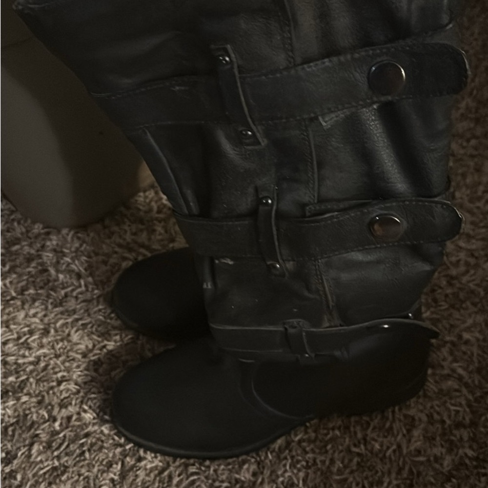 Avenue Black Mid-Calf Buckle Combat Boots